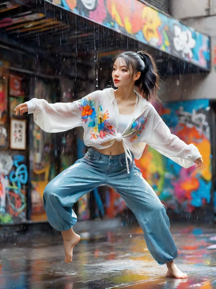 Cartoon illustration，Vector illustration，A girl full of energy，Showing off her breakdancing skills on a graffiti-covered urban dance floor，((beautiful eyes))，((Perfect and refined limbs))，She was barefoot，Loose and comfortable clothes，Perfect for dancing，Her black hair was tied into a high ponytail.，One hand rotation，Spin your feet in the air，(heavy rain:1.5)，(The scene is filled with cold rain)，The audience was impressed，She performed a complex move with ease.，The energy she captures is palpable，The air is filled with the rhythm of street music，(masterpiece，Best quality:1.2)，lifelike，Reality，梦幻般的Light芒，错综复杂的detail，Ultra Detailed，detail，High contrast，美丽细致的Light芒，Bright，更多detail，精细发Light，very fine 8K CG wallpaper，Depth of Field，Abuse of color difference，Soft colors，非常精致的Light线，眩Light，Light，Light粒子，reflection