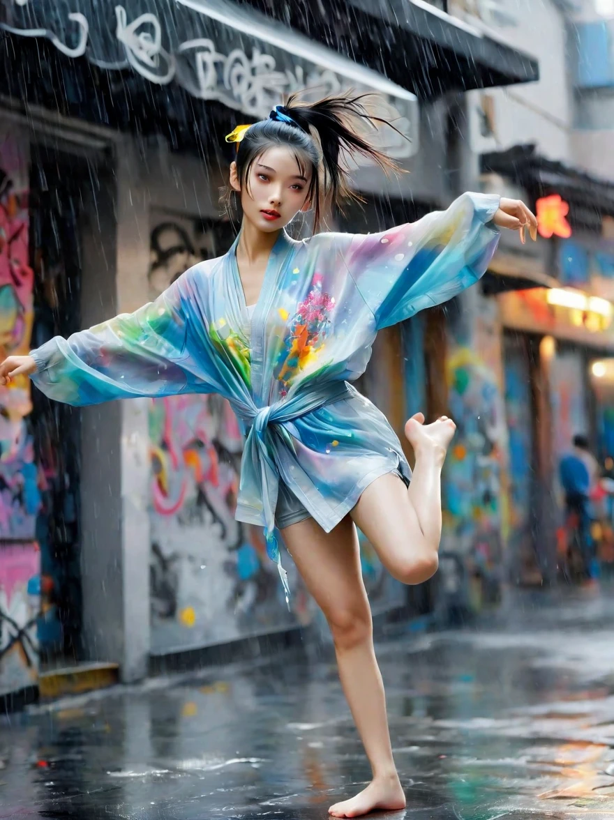 Cartoon illustration,Vector illustration,A girl full of energy,Showing off her breakdancing skills on a graffiti-covered urban dance floor,((beautiful eyes)),((Perfect and refined limbs)),She was barefoot,Loose and comfortable clothes,Perfect for dancing,Her black hair was tied into a high ponytail.,One hand rotation,Spin your feet in the air,(heavy rain:1.5),(The scene is filled with cold rain),The audience was impressed,She performed a complex move with ease.,The energy she captures is palpable,The air is filled with the rhythm of street music,(masterpiece,Best quality:1.2),lifelike,Reality,梦幻般的Light芒,错综复杂的detail,Ultra Detailed,detail,High contrast,美丽细致的Light芒,Bright,更多detail,精细发Light,very fine 8K CG wallpaper,Depth of Field,Abuse of color difference,Soft colors,非常精致的Light线,眩Light,Light,Light粒子,reflection