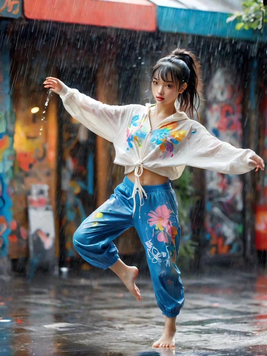 Cartoon illustration，Vector illustration，A girl full of energy，Showing off her breakdancing skills on a graffiti-covered urban dance floor，((beautiful eyes))，((Perfect and refined limbs))，She was barefoot，Loose and comfortable clothes，Perfect for dancing，Her black hair was tied into a high ponytail.，One hand rotation，Spin your feet in the air，(heavy rain:1.5)，(The scene is filled with cold rain)，The audience was impressed，She performed a complex move with ease.，The energy she captures is palpable，The air is filled with the rhythm of street music，(masterpiece，Best quality:1.2)，lifelike，Reality，梦幻般的Light芒，错综复杂的detail，Ultra Detailed，detail，High contrast，美丽细致的Light芒，Bright，更多detail，精细发Light，very fine 8K CG wallpaper，Depth of Field，Abuse of color difference，Soft colors，非常精致的Light线，眩Light，Light，Light粒子，reflection