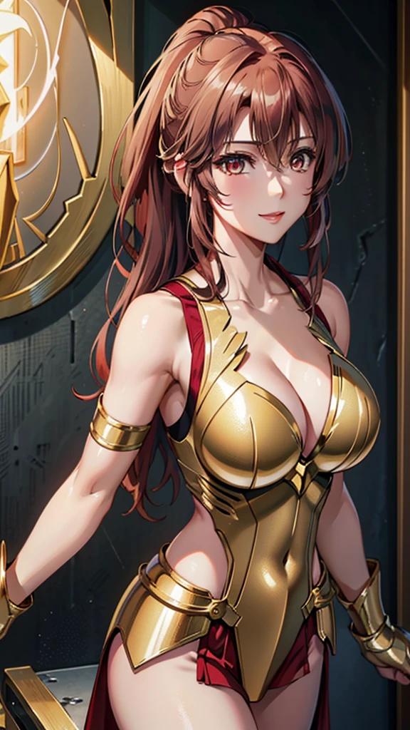 Gold Armor, 4K image, assembly, best quality, masterpiece, movie lighting ，Sexy，Large Breasts，Cleavage，action，In battle，Cleavage，Smile，noble，light beam from hand，Golden lightning surrounds，Red hair，Ponytail hairstyle，Saint Seiya Leo Aiolia，Blink，Lipstick，High purchase price
