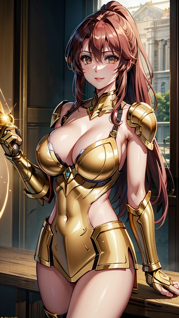 Gold Armor, 4K image, assembly, best quality, masterpiece, movie lighting ，Sexy，Large Breasts，Cleavage，action，In battle，Cleavage，Smile，noble，light beam from hand，Golden lightning surrounds，Red hair，Ponytail hairstyle，Saint Seiya Leo Aiolia，Blink，Lipstick，High purchase price