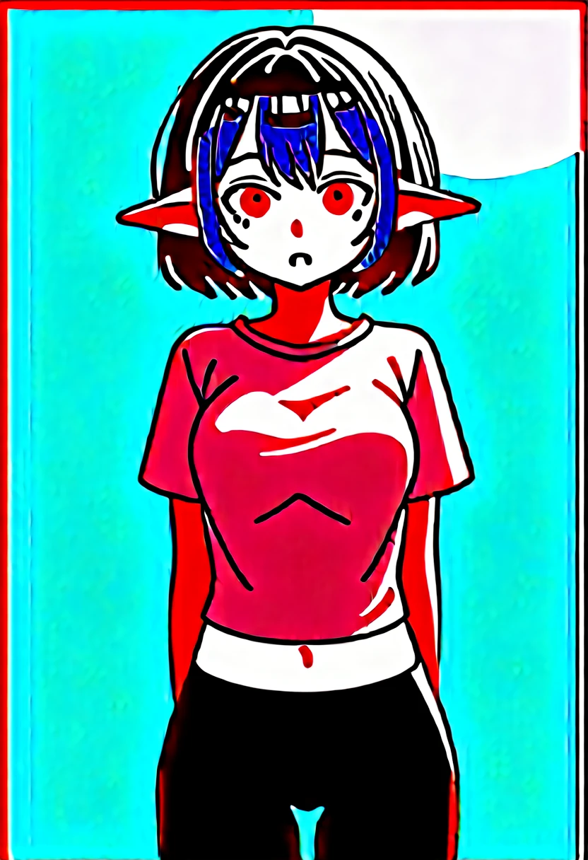 Blue-skinned goblin girl, large curly pointed ears, pink hinge on the inside, cute, red eyes, dark blue hair, fine hair details, spaced lengths, short hair, white shirt, wet, high quality, clear water droplets, face enlargement, sun reflection, glitter, Medium-sized breasts, -yeld gi The shirt clings to her body and shows her blue skin and navel. She tries to hide her body with the shirt. She is thin. She covers her chest with her right hand and lowers her tight shirt with her left hand.