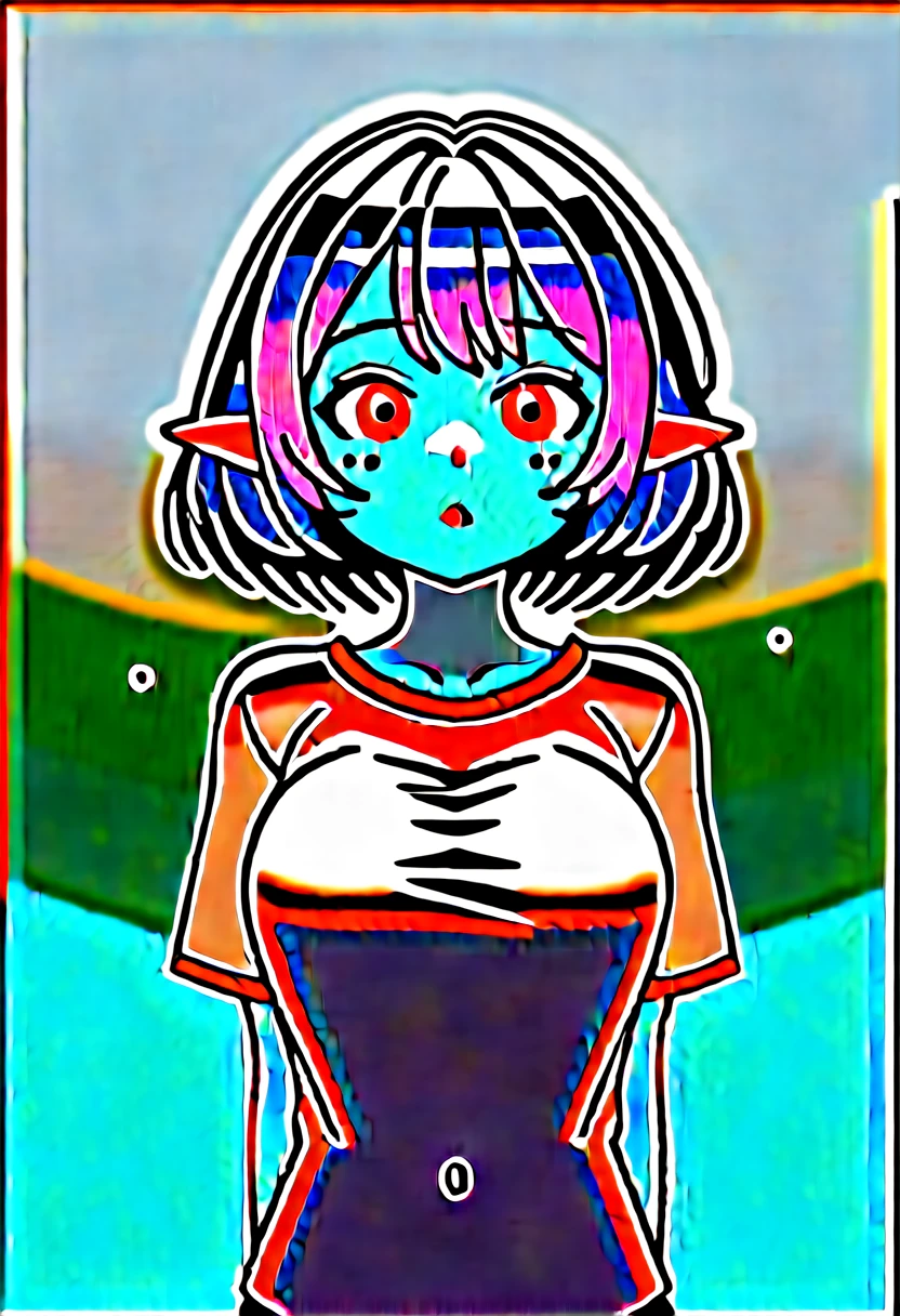 Blue-skinned goblin girl, large curly pointed ears, pink hinge on the inside, cute, red eyes, dark blue hair, fine hair details, spaced lengths, short hair, white shirt, wet, high quality, clear water droplets, face enlargement, sun reflection, glitter, Medium-sized breasts, 14-year-old girl. The shirt clings to her body and shows her blue skin and navel. She tries to hide her body with the shirt. She is thin. She covers her chest with her right hand and lowers her tight shirt with her left hand.