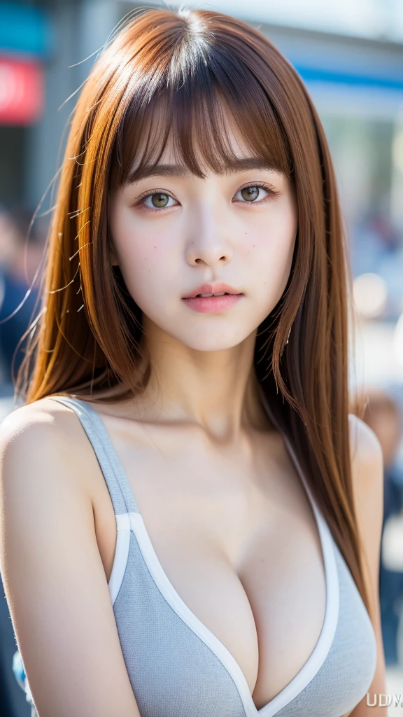RAW photo, (best quality, 8k, 32k, masterpiece, UHD:1.2), ultra high resolution, (pretty a Korean girl of 13 yeautiful detailed eyes, long brown hair, bangs, large breasts, cleavage, portrait, (crowded city boulevard on a bright sunny day:1.2)