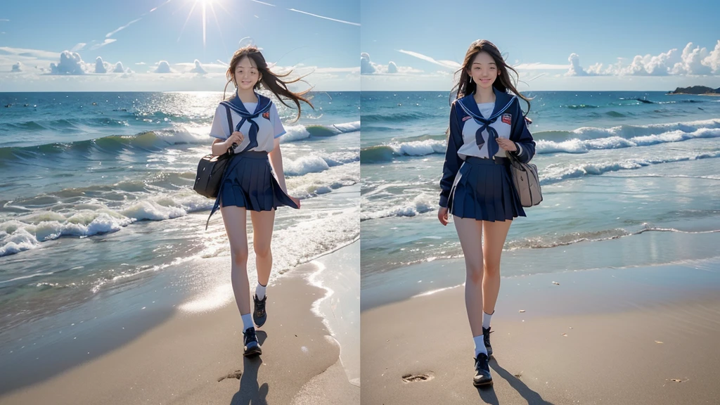 8K、RAW Photos、Highest quality、Super detailed、Super Resolution、Ultra HD、8K壁紙、Amazing details Woman walking on sandy beach、(16 year old school girl in uniform)、((line))Shining Sun、Blue sky、School bag、smile、Midsummer Sun、You can see the ocean
(((Full body photo)))

