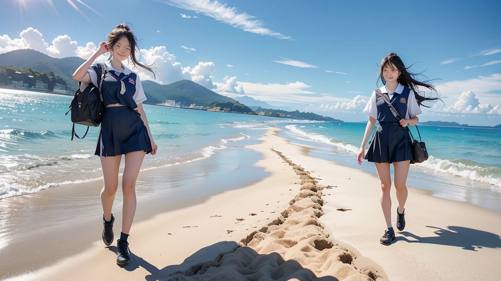8K、RAW Photos、Highest quality、Super detailed、Super Resolution、Ultra HD、8K壁紙、Amazing details Woman walking on sandy beach、( school girl in uniform)、((line))Shining Sun、Blue sky、School bag、smile、Midsummer Sun、You can see the ocean
(((Full body photo)))

