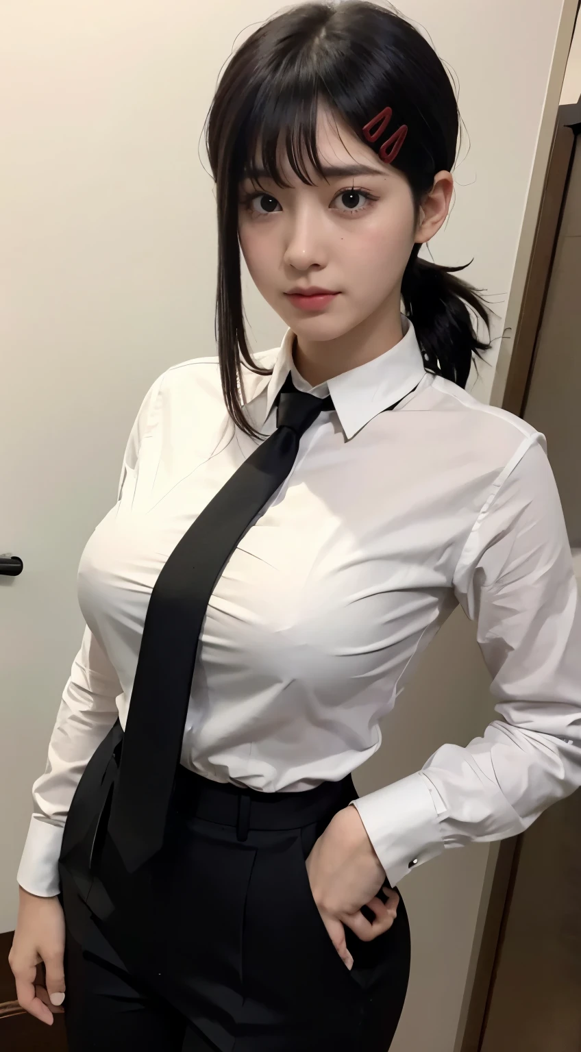 Highest quality、Ultra-high resolution、Professional Lighting、Detailed Background、workroom、full body,Kobeni-chan、A sloppy smile、25-year-old woman、beautiful girl、(Kobeni-chan、Jet black hair, Black Hair, bangs, One-sided hair,)、(Red Hair Clip:1.1)、(White shirt:1.2)+(Black tie:1.2)+(black long pants for work:1.2)、(Huge breasts that look like they might burst:1.2)、(Big thighs:1.1)、Are standing、Model pose