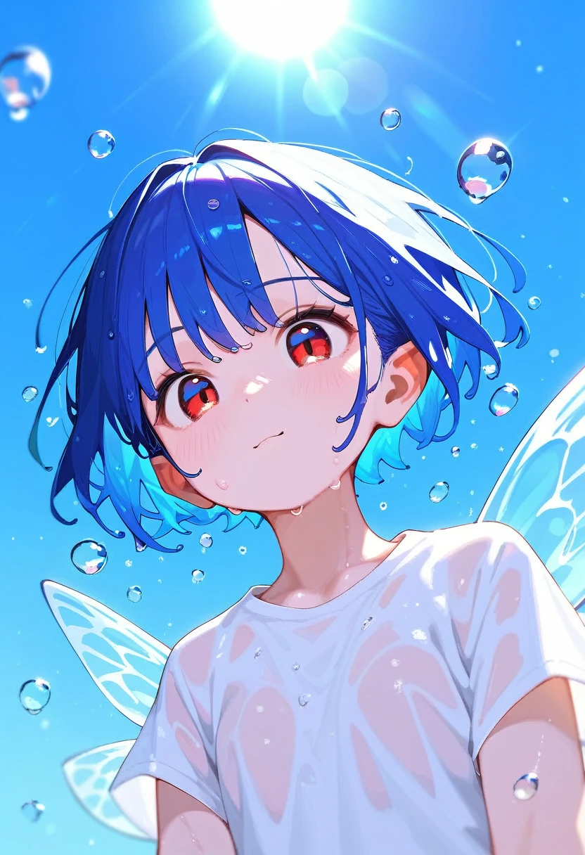 Blue fairy, light blue skin, cute, red eyes, dark blue hair, white shirt, wet, high quality, clear water drops, face enlargement, sun reflection, glitter