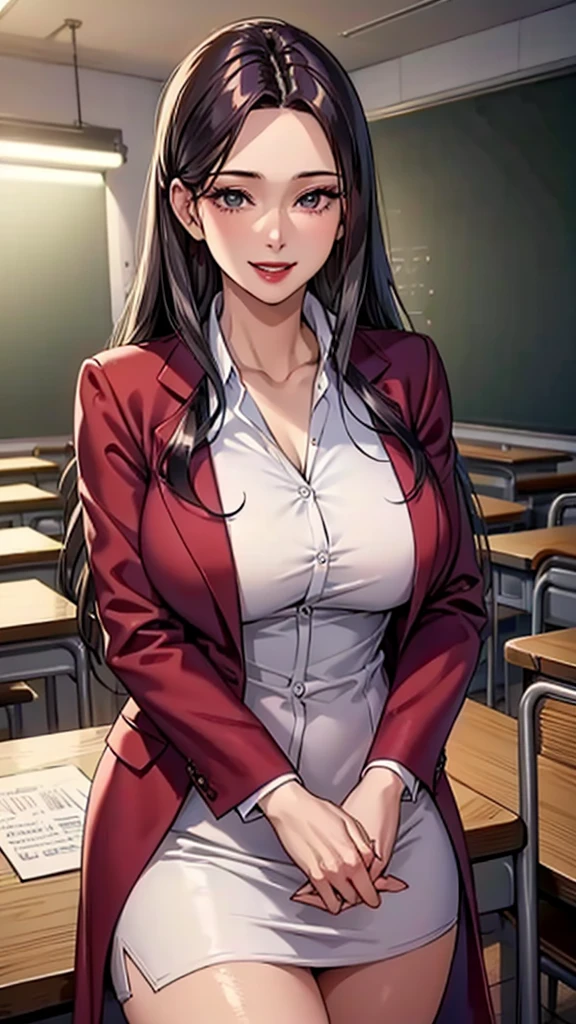 Purple wavy long hair，Sexy，woman，teacher，Red coat，White shirt，Long black dress，Large Breasts，Face red，Smile，lipstick，noble，exist|inside the classroom