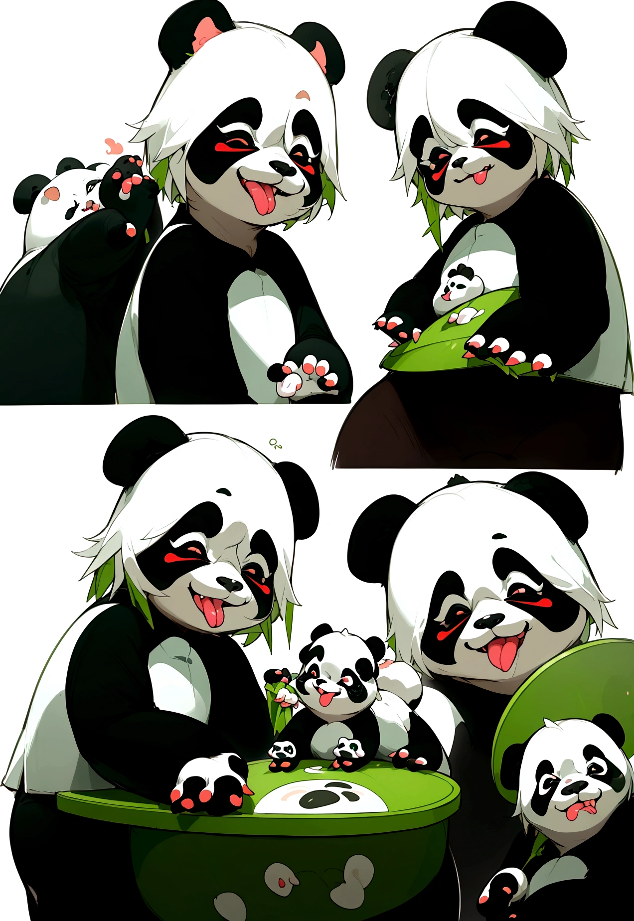 List of cute Chinese giant panda emojis,cartoon animals,A green bamboo leaf on the head,Hands on hips,Short legs, (((Sad expression,Excited expression,Naughty tongue sticking out expression,Winking teasing expression))) , (((Detailed panda animal portrait table,Front view,side view,three quarter view))) (((White background))),masterpiece,Extreme details,8K resolution,panoramic,Depth of Field