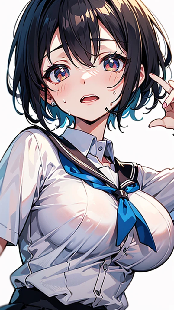 (intricate and super detailed anime style cute illustration),black hair,short hair,school blezer uniform,big breasts,
open mouth,sweat,