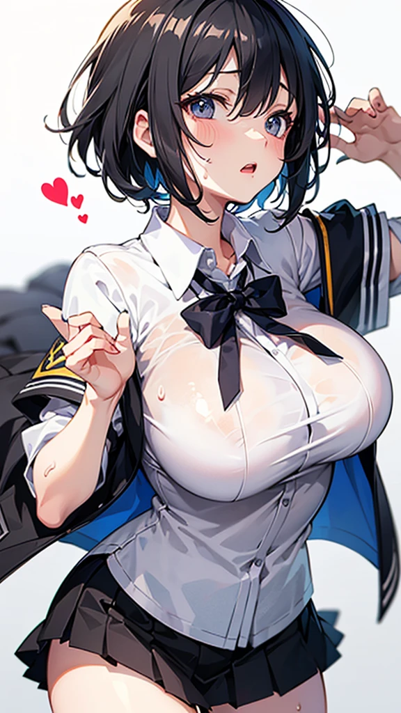 (intricate and super detailed anime style cute illustration),black hair,short hair,school blezer uniform,big breasts,
open mouth,sweat,