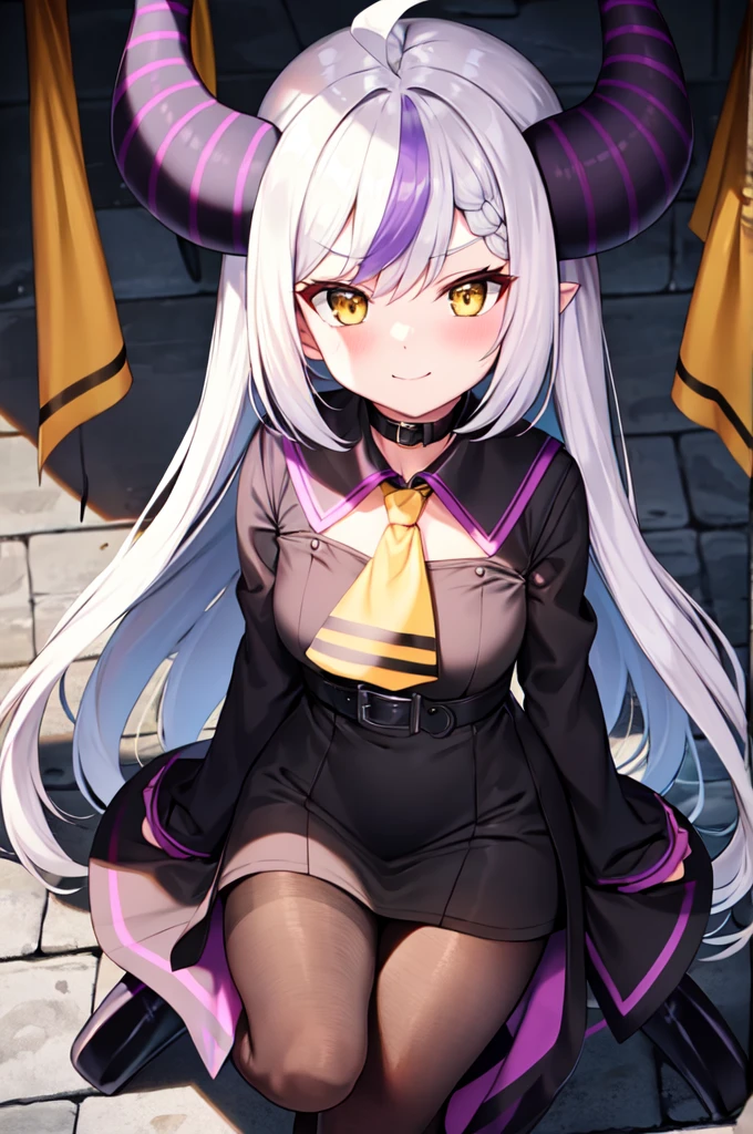 sleeves past wrists, sleeves past fingers, braid, Long sleeves, single leg pantyhose, yellow ascot, ascot, Black footwear, Dress, Metal collar, long boots, Black Dress, Collar, pantyhose, single thighhigh,Evil smile, sea, feel awkward, Exposed arms,