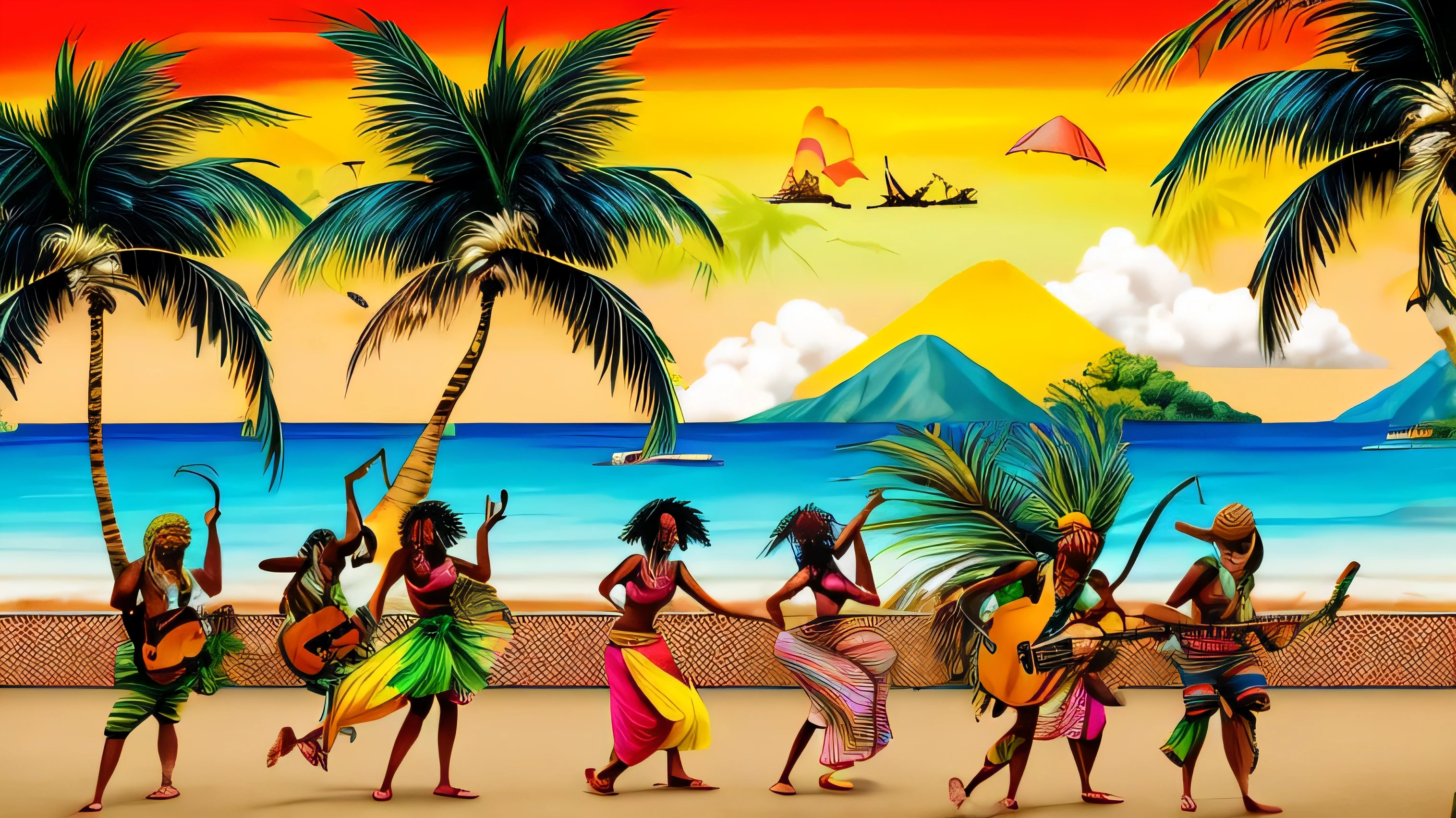 「Imagine a Caribbean sunset under palm trees., With a reggae band playing. People dancing to music々Shooting, Brightly dressed Rastafarian style. Depict the ocean breeze blowing through, Create a fun atmosphere.