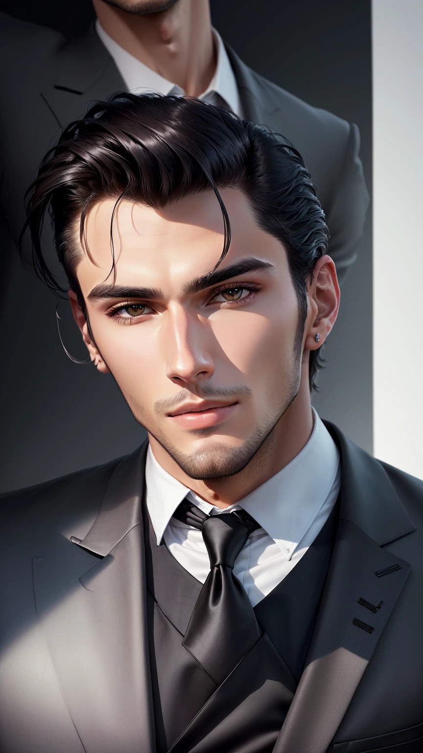 a close up of a man in a suit and black shirt, raphael lecoste, arian mark, handsome man, miguel iglesias, attractive man, handsome and attractive, handsome male, good looking face, very attractive and beautiful, handsome face, background : diego fazio, very handsome, really good looking face!!, attractive male