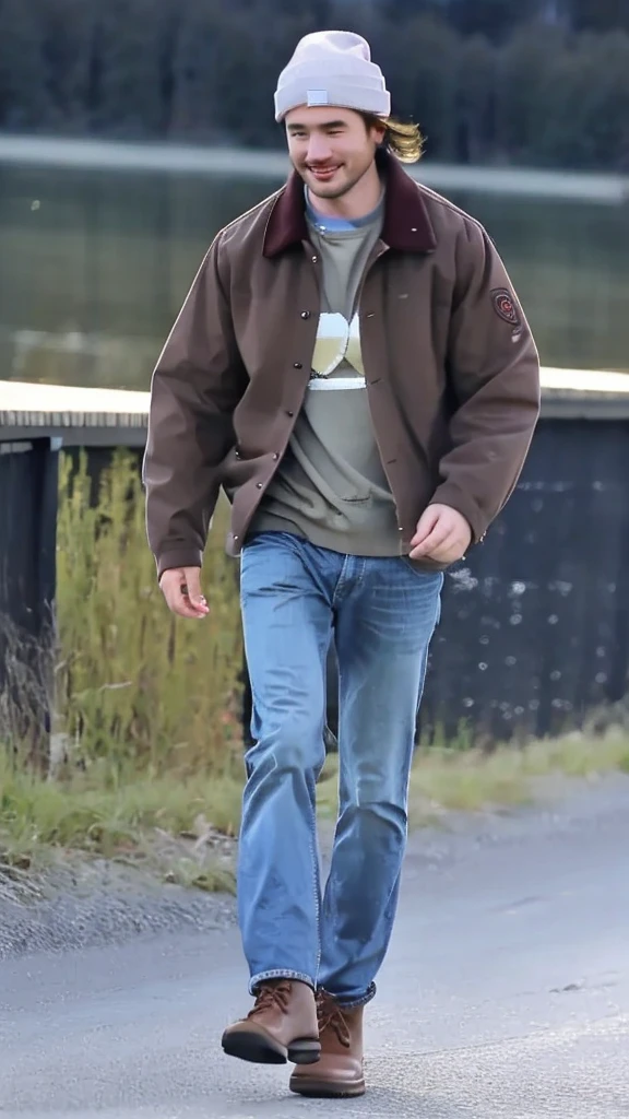 Create a hyperrealistic 4D photo of a handsome man, aged 38, wearing a beanie, t-shirt, jeans jacket, and boots. The setting is in Switzerland with cold weather. The image should capture the man standing or walking in a scenic Swiss landscape, showcasing the beauty of the location along with his stylish outfit. Ensure that details such as the texture of his clothing, his facial features, and the cold weather ambiance are very realistic and vivid.