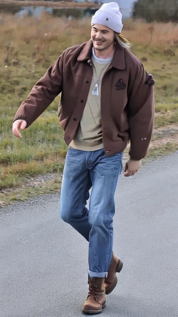 Create a hyperrealistic 4D photo of a handsome man, aged 38, wearing a beanie, t-shirt, jeans jacket, and boots. The setting is in Switzerland with cold weather. The image should capture the man standing or walking in a scenic Swiss landscape, showcasing the beauty of the location along with his stylish outfit. Ensure that details such as the texture of his clothing, his facial features, and the cold weather ambiance are very realistic and vivid.