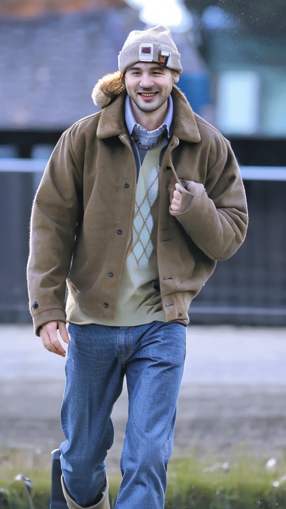 Create a hyperrealistic 4D photo of a handsome man, aged 38, wearing a beanie, t-shirt, jeans jacket, and boots. The setting is in Switzerland with cold weather. The image should capture the man standing or walking in a scenic Swiss landscape, showcasing the beauty of the location along with his stylish outfit. Ensure that details such as the texture of his clothing, his facial features, and the cold weather ambiance are very realistic and vivid.