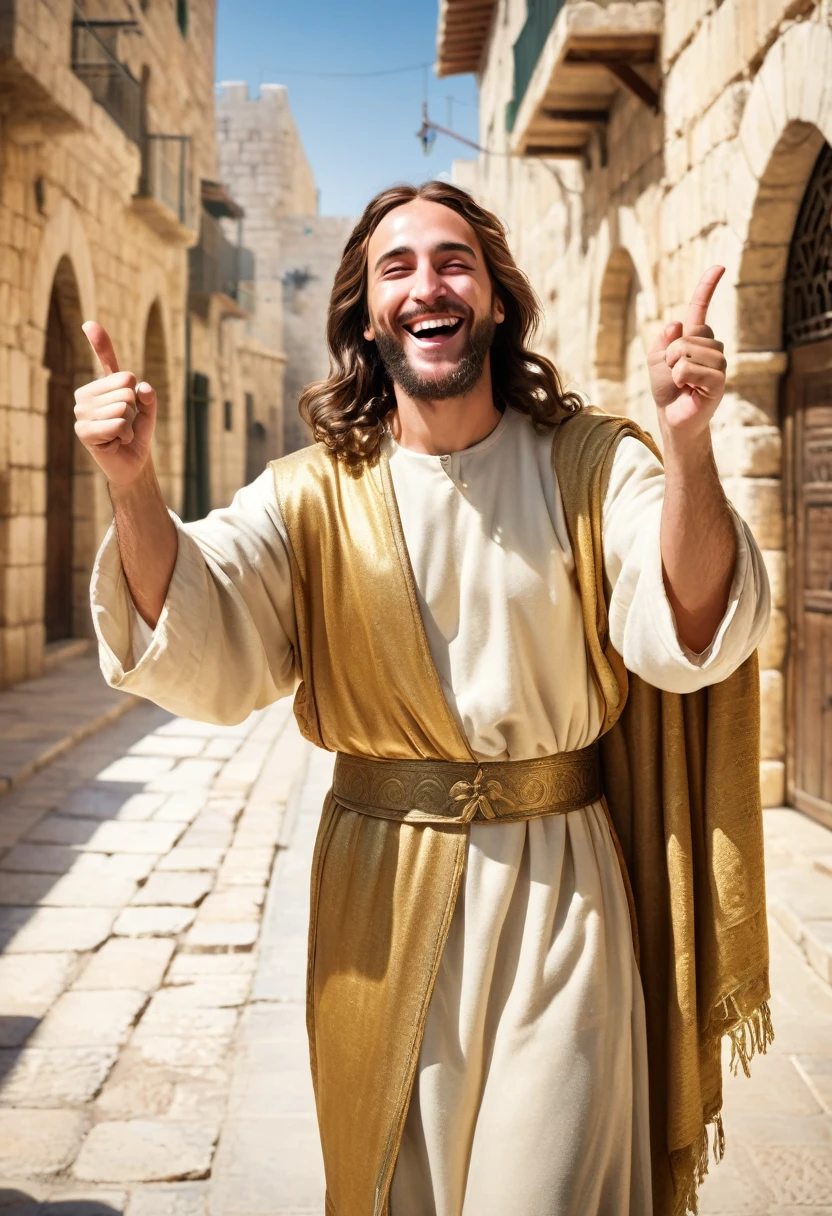 Jesus Christ smiling showing a shiny gold tooth, winking and raising the thumbs of the hands upwards calling for a loving hug, wearing clothes from your era, on a sunny street in ancient Jerusalem, ultra-realistic full body image