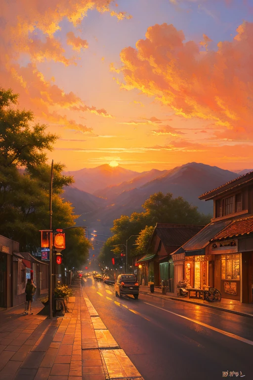 Highest quality、Landscape painting、Streetscape、Sunset、orange、Looking back