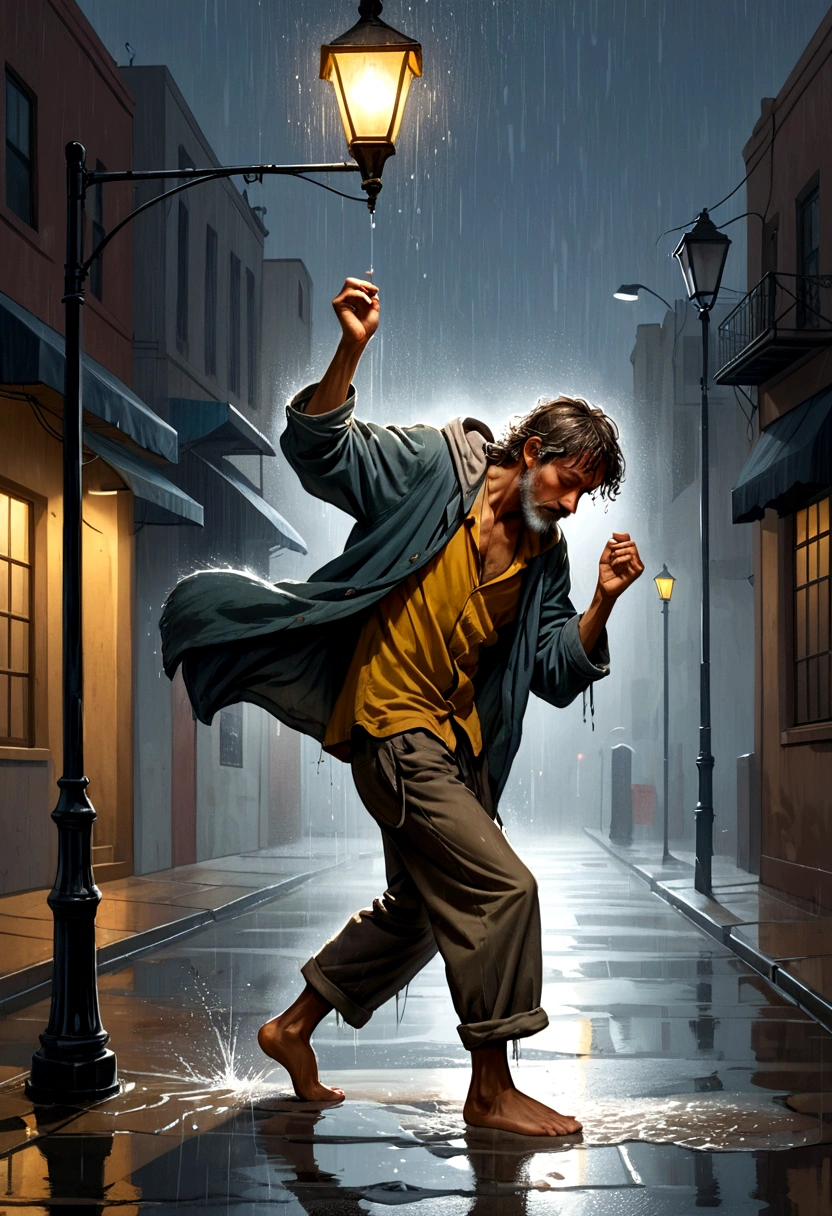 Soul Dancer Mark,A homeless man dancing alone in the rain under a street lamp,Barefoot,Loose and worn clothes,Professional Action,Splash,Light and Shadow,Minimalism,artistic conception,