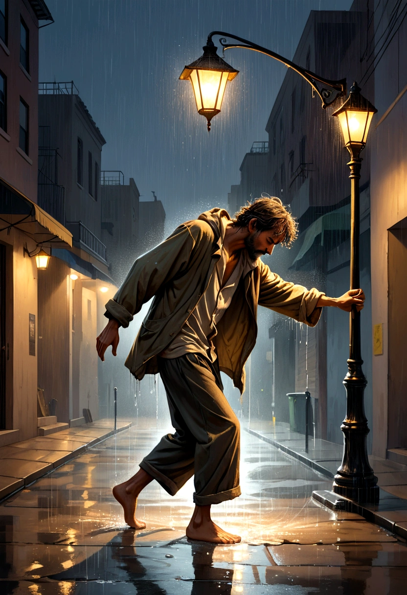 Soul Dancer Mark,A homeless man dancing alone in the rain under a street lamp,Barefoot,Loose and worn clothes,Professional Action,Splash,Light and Shadow,Minimalism,artistic conception,Clean background