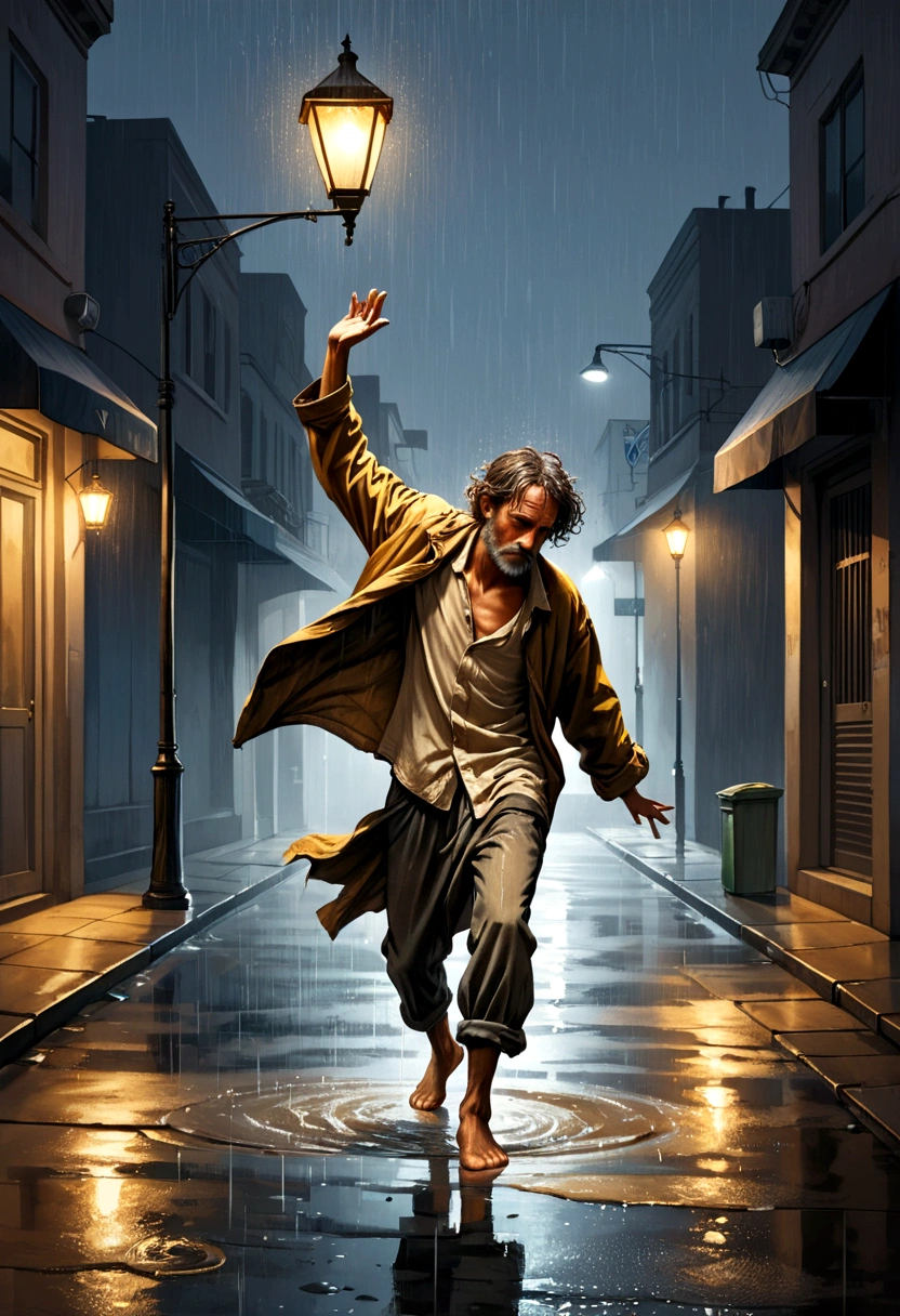 Soul Dancer Mark,A homeless man dancing alone in the rain under a street lamp,Barefoot,Loose and worn clothes,Professional Action,Splash,Light and Shadow,Minimalism,artistic conception,Clean background