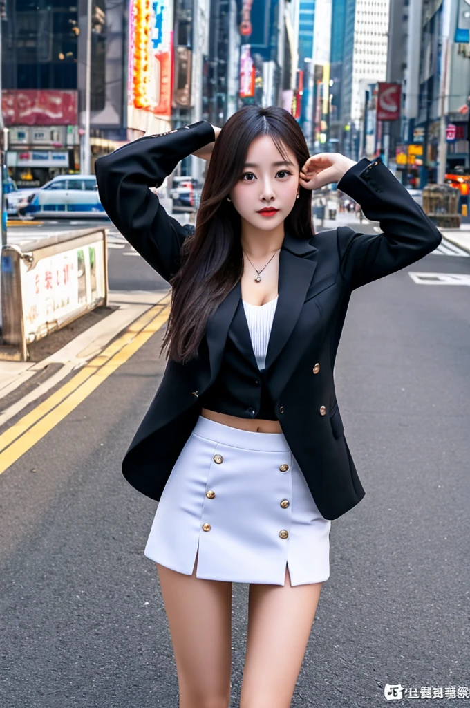 a 19 year old girl, she is the most beautiful actress in the world, the perfect body proportions of this girl, the upper of her body is clothed by formal shirt and blazer, her crotch area of the panties are hardly hidden by short skirt, her bare legs, it's seen just front of her body, it from just above her head to just below her shins are within one frame, she is standing at the city street, nsfw, best quality, highly detailed, masterpiece, ultra high res, photo realistic, 8k, RAW photo