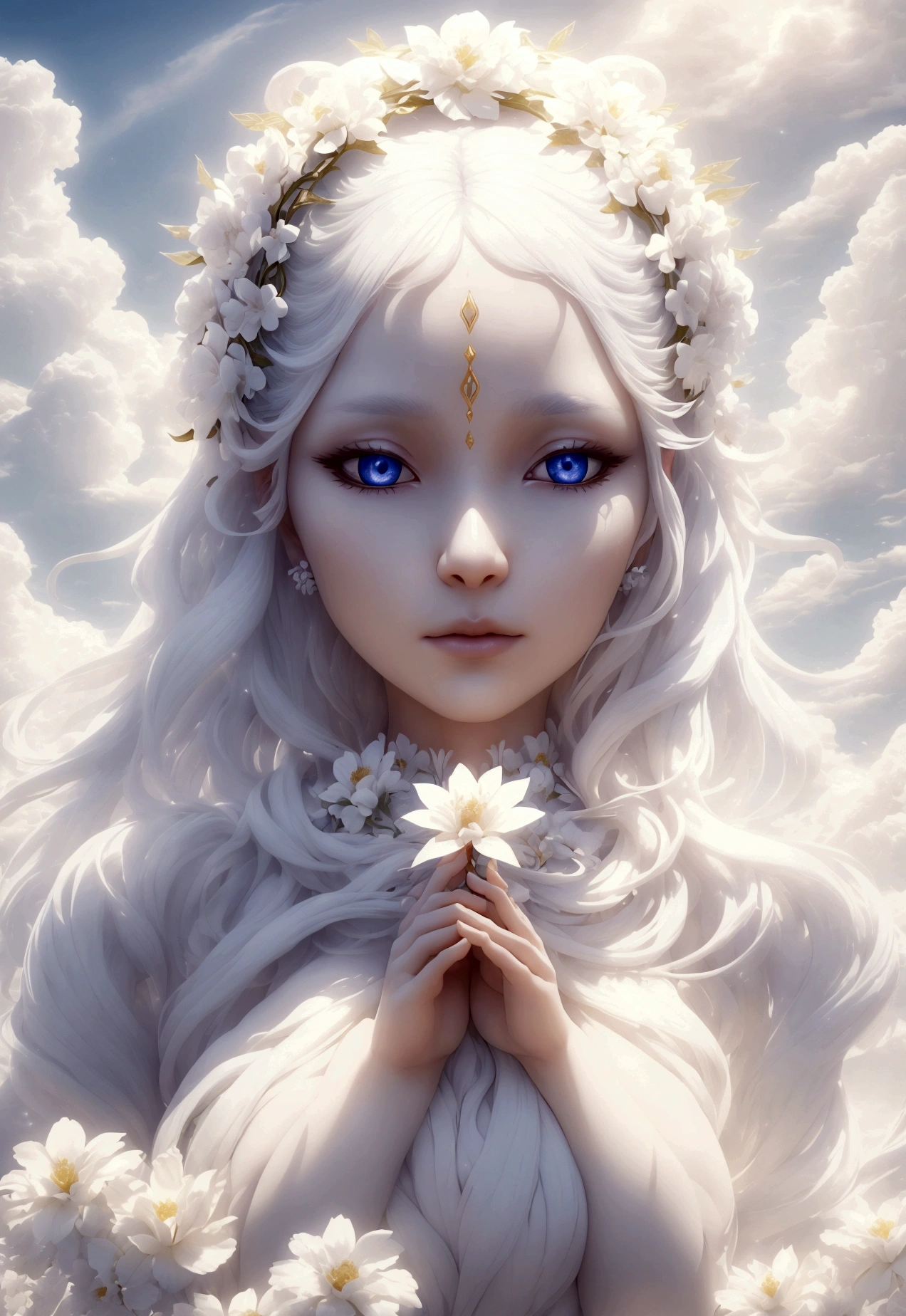 a one woman, goddess of life, known as the floating White Flower, a pretty woman, background around you of clouds, curvilinear body, white  hair, halo of light on the head, with hands over face pointing disapproval, Another quality, 8K, maximum quality, 