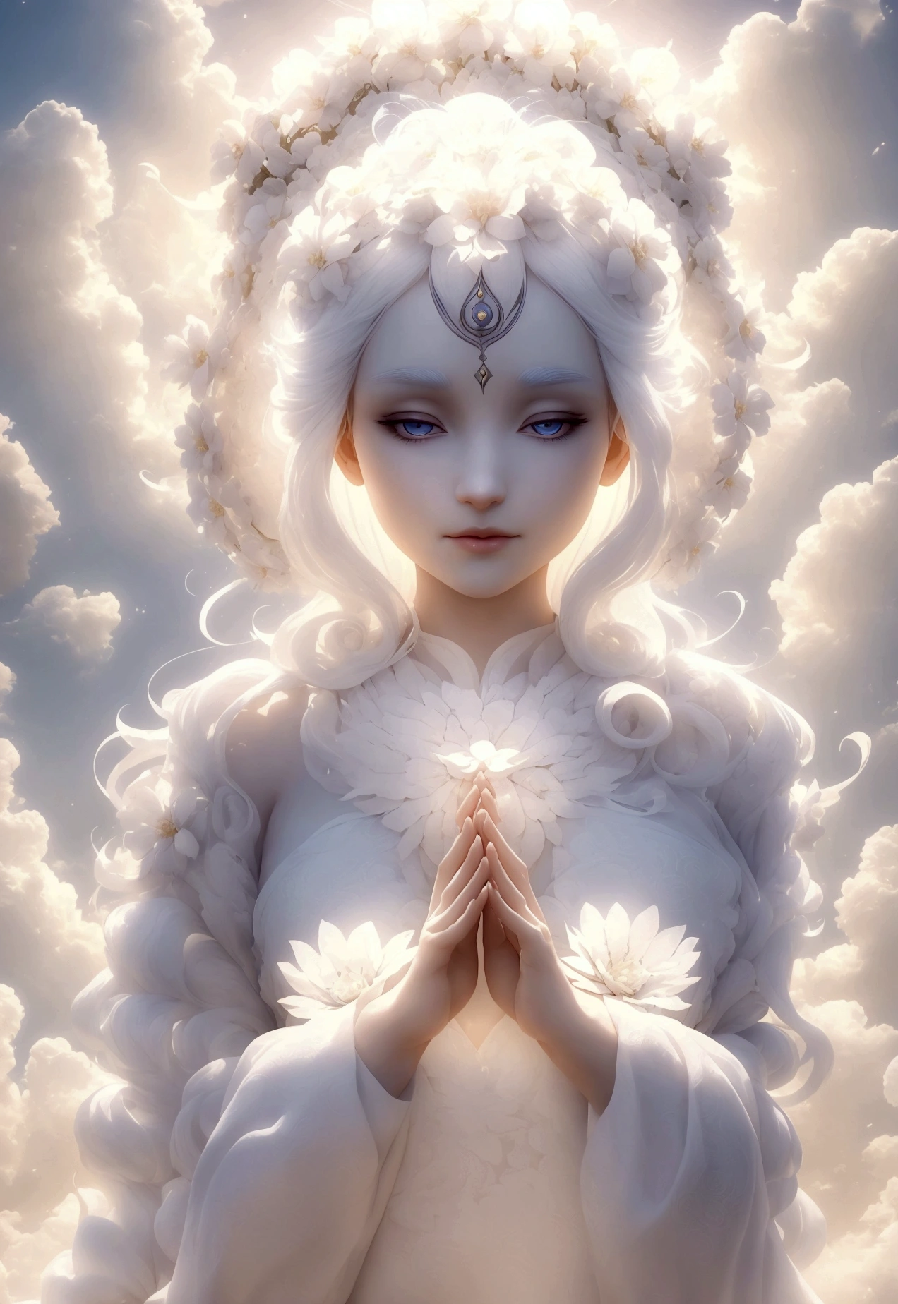 a one woman, goddess of life, known as the floating White Flower, a pretty woman, background around you of clouds, curvilinear body, white  hair, halo of light on the head, with hands over face pointing disapproval, Another quality, 8K, maximum quality, 