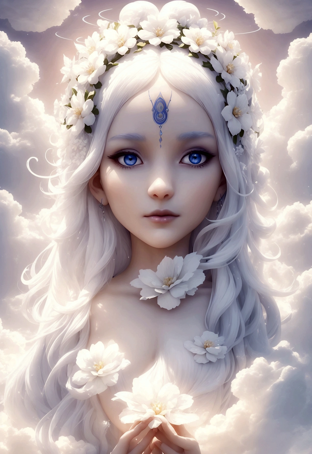 a one woman, goddess of life, known as the floating White Flower, a pretty woman, background around you of clouds, curvilinear body, white  hair, halo of light on the head, with hands over face pointing disapproval, Another quality, 8K, maximum quality, 