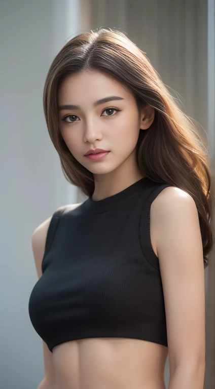 arafed woman in black shirt posing for a picture with her hand on her chin, asian girl, ruan cute vtuber, nivanh chanthara, attractive girl, an asian woman, ruan jia beautiful!, asian female, a young asian woman, asian girl with long hair, beautiful asian girl, lovely woman, captured on canon eos r 6, bikini, nipple