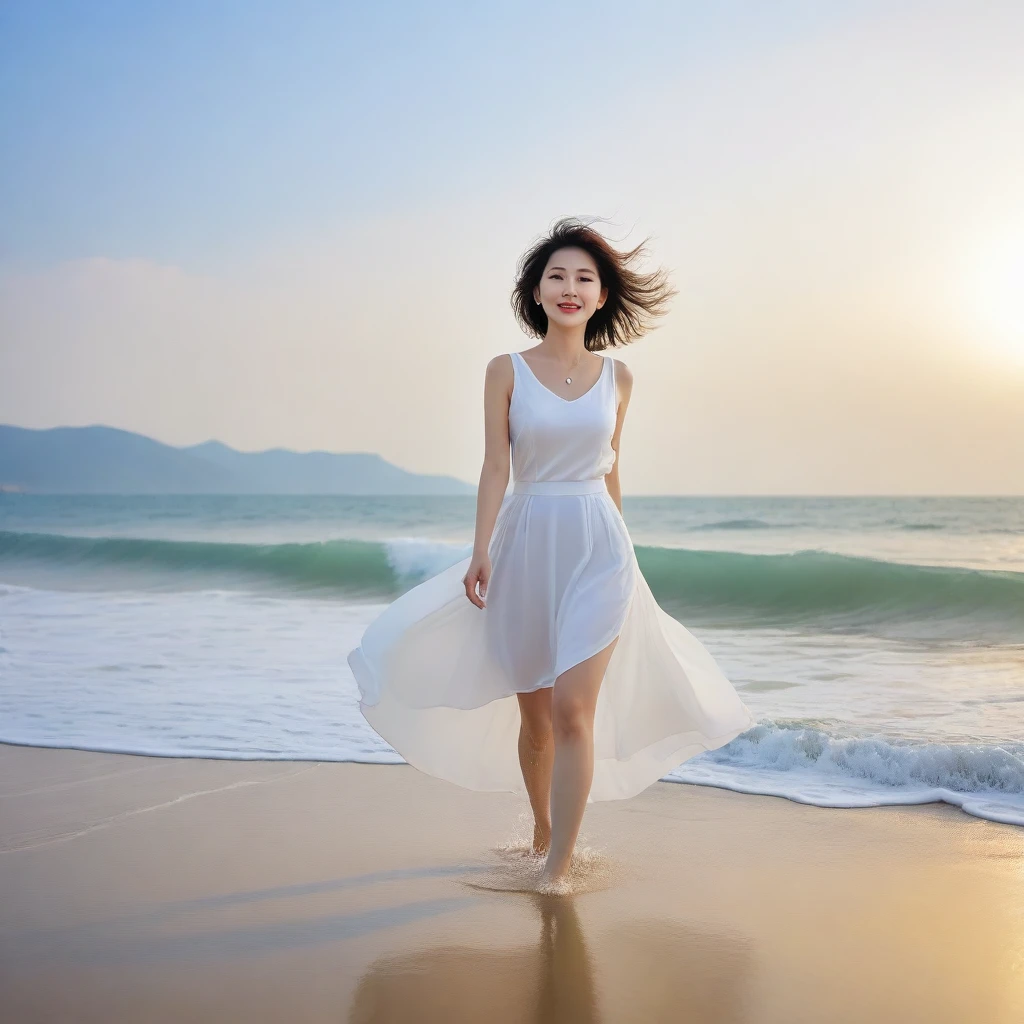 sunset on the beach,바다에 잔광이 비치네sunset on the beach 붉은 태양,A strong lingering scent is reflected in the sea., Beautiful 46-year-old short Korean woman, Chest size 34 inches, Wear sleeveless, white light skirt. beautiful pretty woman look , wearing a light skirt , Go far into the sea water and dip your toes., Short medium hair blowing in the wind, 1 short woman, beautiful eyes, a little smile, Full-body photo taken from afar with a wide-angle lens, The background is clean and perfect., waves moved by the wind, best high definition