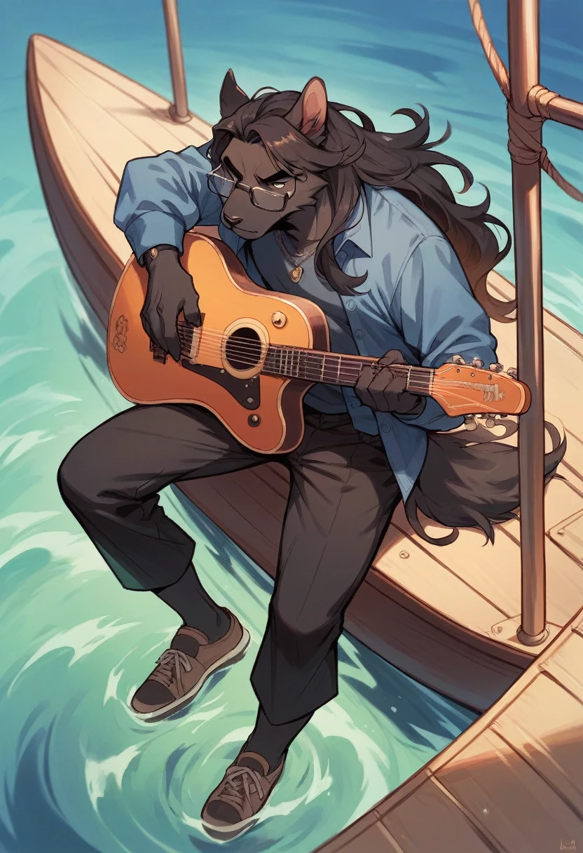 man, long hair, black fur, big glasses, boat, guitar