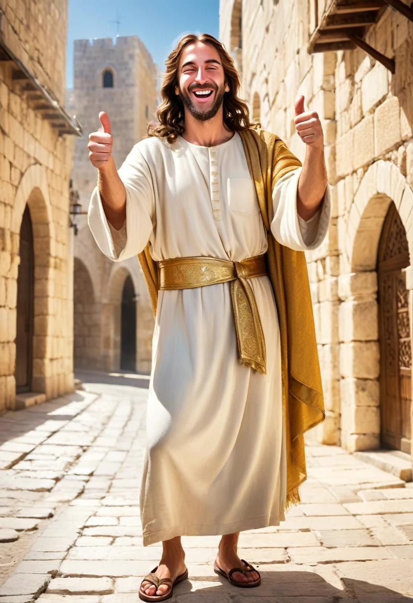 Jesus Christ smiling showing a shiny gold tooth, winking one eye and raising his hands thumbs up calling for a loving hug, wearing clothes from his time, on a sunny street in ancient Jerusalem, ultra-realistic full body image