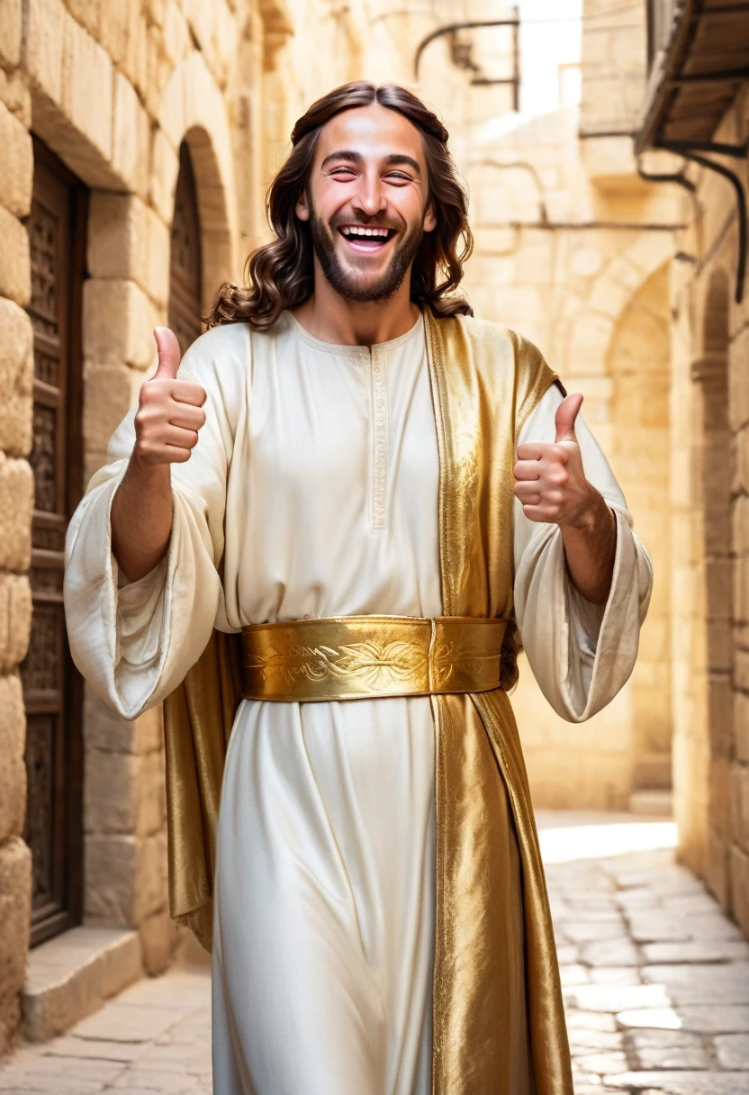 Jesus Christ smiling showing a shiny gold tooth, winking one eye and raising his hands thumbs up calling for a loving hug, wearing clothes from his time, on a sunny street in ancient Jerusalem, ultra-realistic full body image