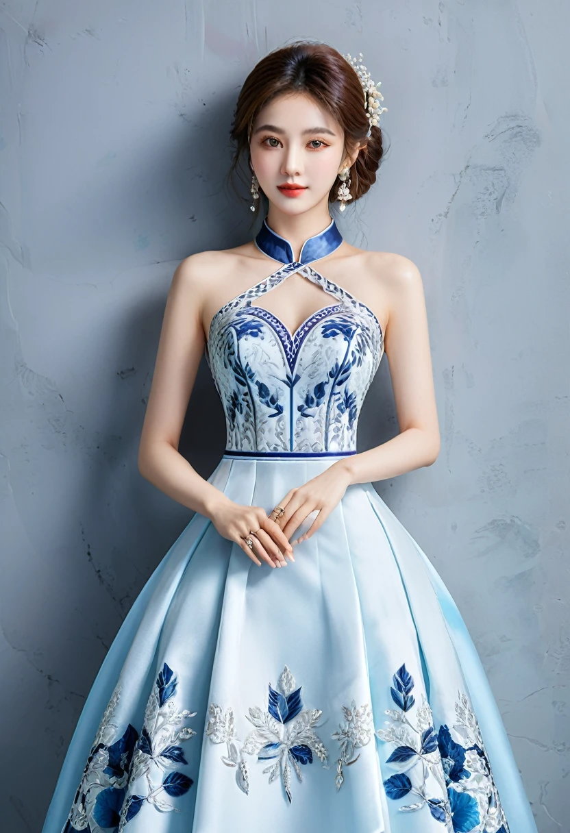 Realistic photo style, whole body 사진에 아름다운 아시아 소녀가 등장합니다., Wearing a unique ethnic style evening gown with delicate skin., bright and lively eyes, Thick eyelashes that look especially attractive. Long dresses are slim and elegant., Eye-catching silver jewelry and alcohol. The high-collar design adds an elegant atmosphere., Color of blue and white porcelain. using light and shadow, The vivid and harmonious appearance of the protagonist is highlighted... whole body, (masterpiece, best quality, professional, perfect composition, very aesthetic, absurd, very detailed, intricate details:1.3)