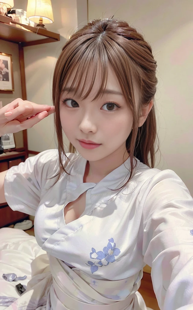 Cute 21 year old Japanese、Highly detailed face、Attention to detail、double eyelid、Beautiful thin nose、Sharp focus:1.2、beauty:1.4、(bright brown hair、Shortcuts、White skin、Highest quality、bright、masterpiece、Ultra-high resolution、(realism:1.4)、hostel、yukata、On the futon、Bedroom、B cup breasts、