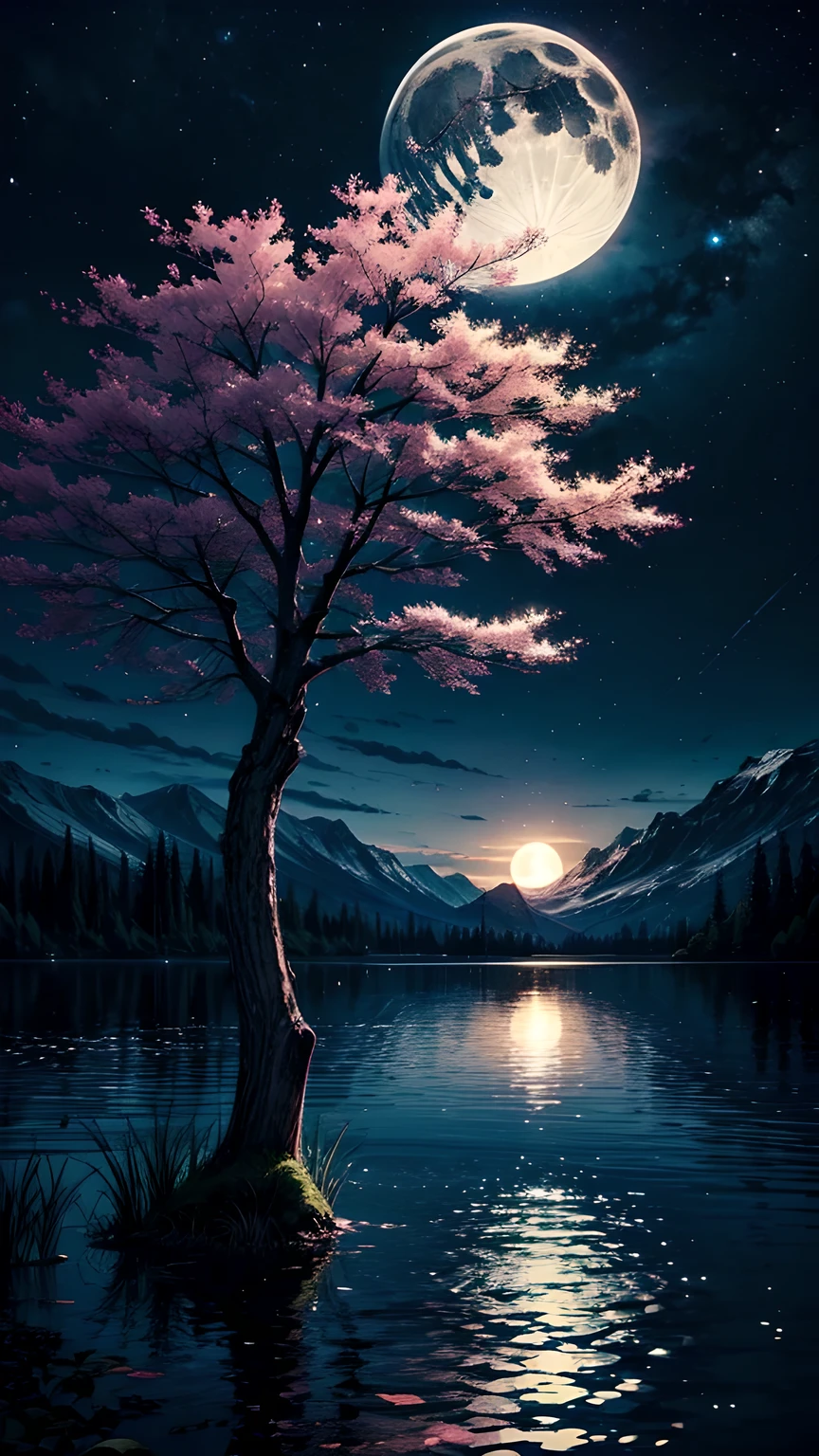 lake，world Tree，night，moon，Looking up at the world tree，Maximum resolution，The most beautiful scenery。