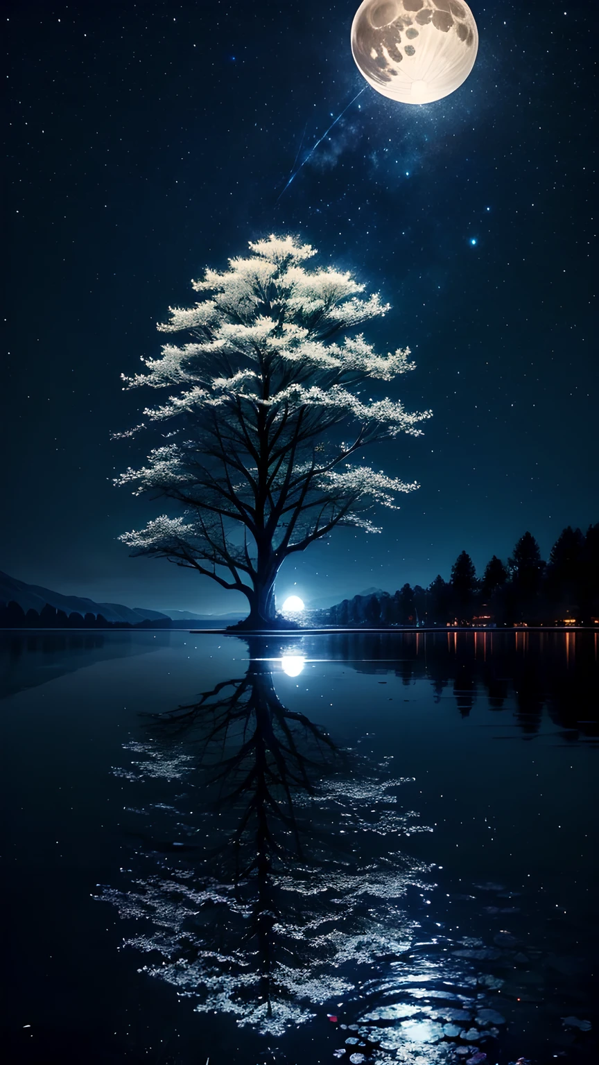 lake，world Tree，night，moon，Looking up at the world tree，Maximum resolution，The most beautiful scenery。