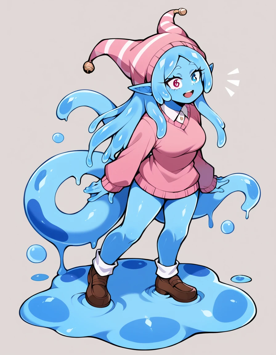 score_9, score_8_up, score_7_up, score_6_up, score_5_up, score_4_up, source_anime,1Girl, Opal is a slime girl, she has pointy elf ears, and short pink tentacle hair, she has pinkish purple skin covered in pink and blue slime, she has Heterochromia iridum, her left eye is pink, and her right eye is blue, Opal wears crop tops, and , she wears socks with ruffles on them, her shoes are black maryjanes, she wears a headscarf, she has fairy wings on her back that are just now sprouting out, the slime is shiny, and sticky, she can control it, as well as the tentacles in her hair at will. 4’9, . , my hero academia, tentacles, school, depth of field, LUT, detailed, beautiful, cute slime girl. My hero academia school, Tentacle tail, Full body shot, , curvy, mature, Tentacle hair. pink jester hat, with bells. Pink sweater, pink miniskirt.