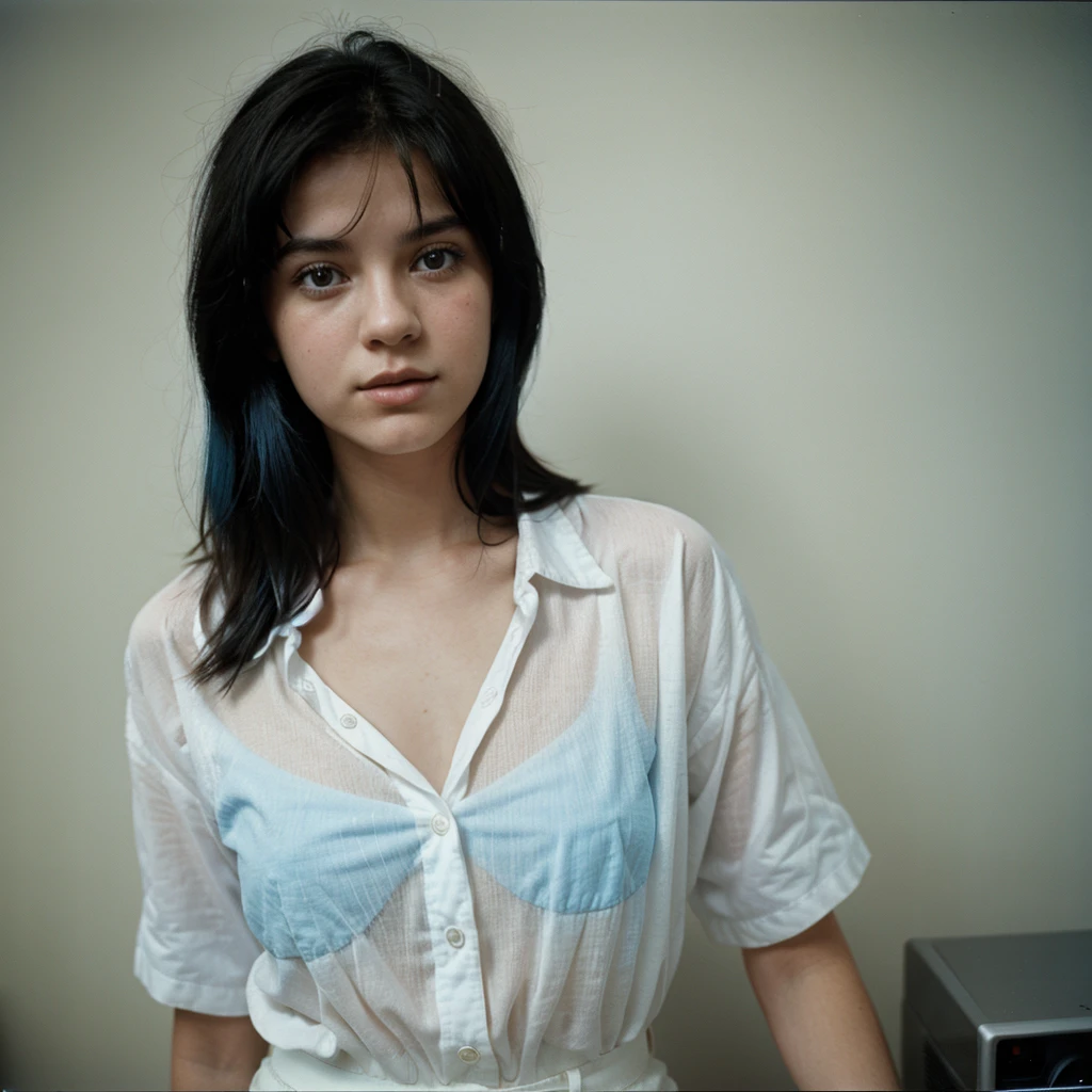 1980s Kodak photo of a young 25 year old rock girl with black
hair , blue eyes ,wearing a white shirt and mini rock ,photography by nan goldin, faded, film grain, cross processed image