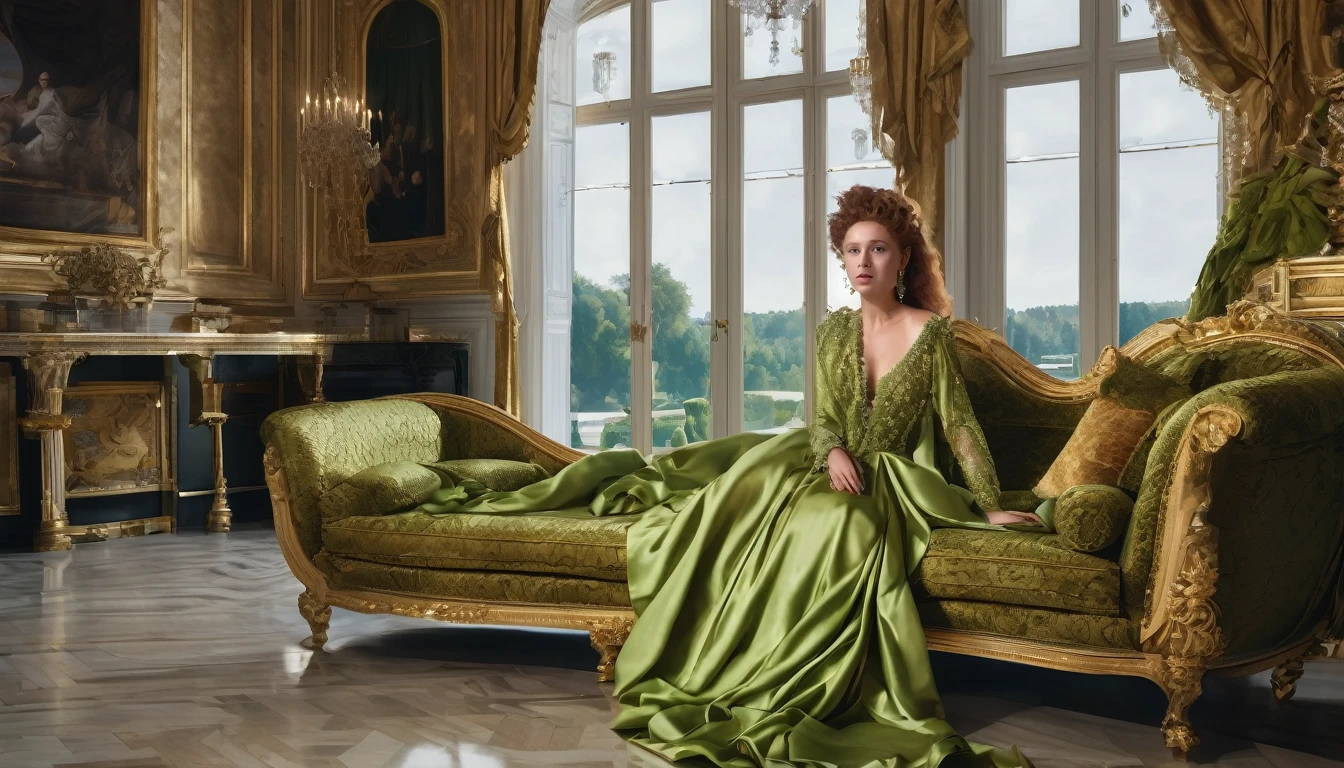 Imagine a scene set in a luxurious, dimly lit room with a velvet drapery backdrop. In the foreground, a beautiful woman with striking ginger hair cascades in soft, flowing waves down her shoulders. Her hair gleams in the ambient light, adding a fiery contrast to the room’s opulent shadows. She wears an elegant, flowing silk robe in a deep, rich hue that accentuates her graceful figure. Her eyes are a captivating blend of confidence and mystery, drawing the viewer in. In this seductive scene, she is posed with a subtle, enchanting smile, leaning casually against a vintage chaise lounge adorned with intricate patterns. The atmosphere is enriched by the warm glow of a nearby candle or soft chandelier, casting delicate highlights and shadows that enhance the mood. The setting is tastefully adorned with a few art deco elements or classic antique furnishings to add an extra touch of sophistication. Focus on capturing the interplay of light and shadow to emphasize her fiery hair and the luxurious textures around her, creating an intimate yet elegant ambiance.