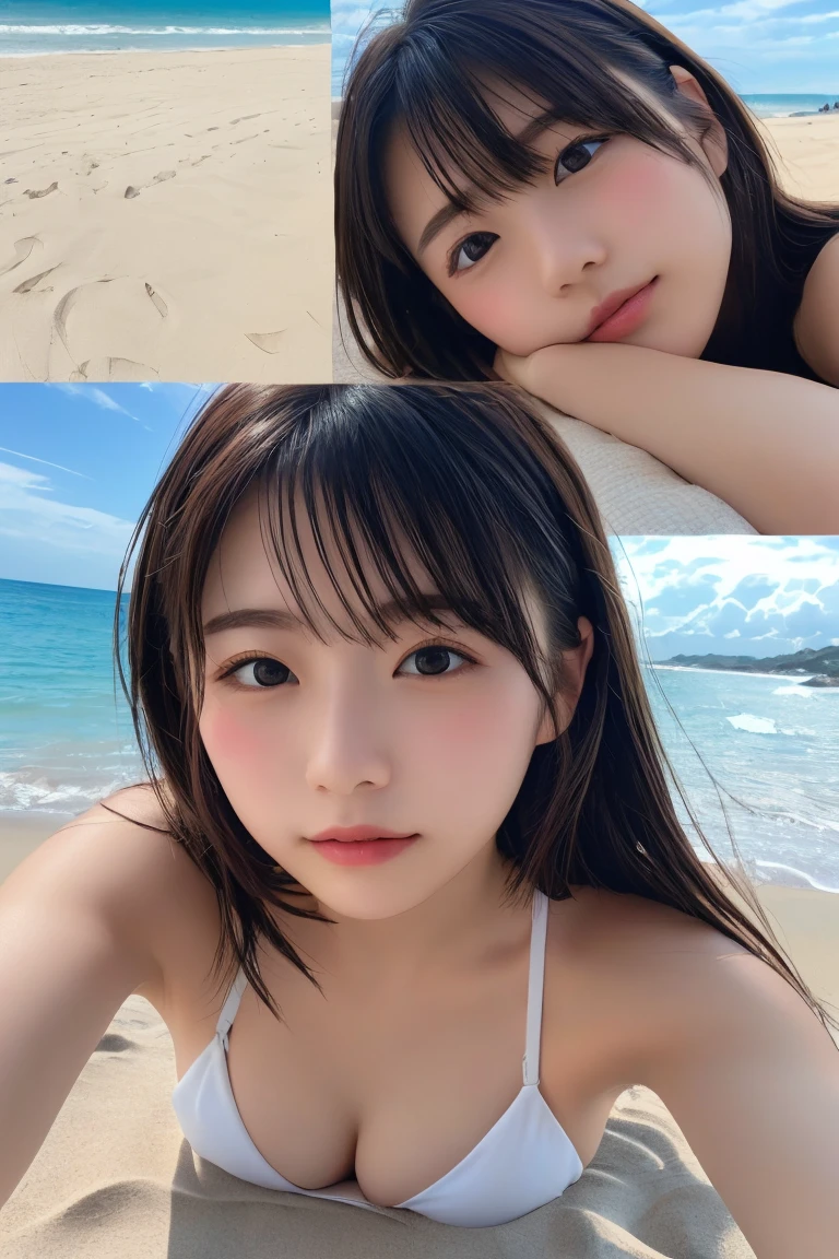 Highest quality, (beautiful)、Micro Bikini、Larger breasts、Brown Hair、looking at the camera、Beach、Sleeping on your stomach、Selfie、Place your hand on your cheek、