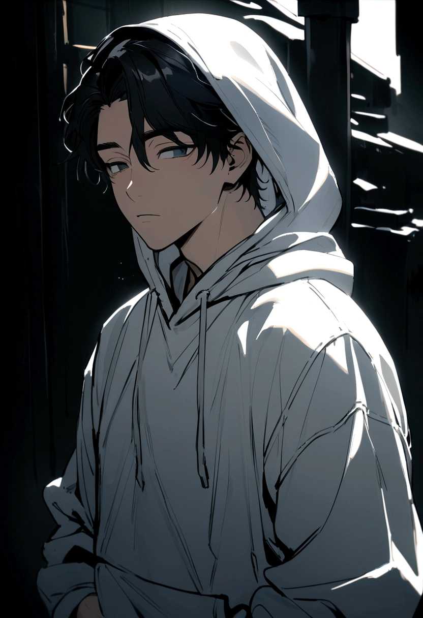 Handsome 18 year old man、Wearing a black and white hoodie、The background is pure white、Black Hair、Slanted Eyes、A little muscular、