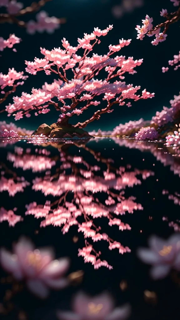 Crystal Spring Blossom、, Fantasia、intergalactic、cleanness、, glinting、Shineagnifica、colourfull、, magical photography, Dramatic Lighting, photorealisim, The ultra-detailliert, depth of fields, hight resolution, a river, There are many rows of cherry blossom trees on both sides, 4K