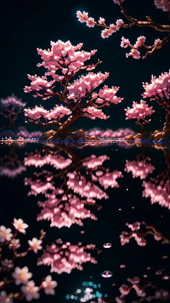 Crystal Spring Blossom、, Fantasia、intergalactic、cleanness、, glinting、Shineagnifica、colourfull、, magical photography, Dramatic Lighting, photorealisim, The ultra-detailliert, depth of fields, hight resolution, a river, There are many rows of cherry blossom trees on both sides, 4K