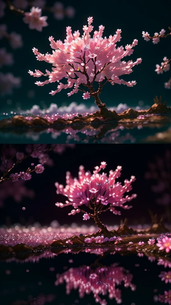 Crystal Spring Blossom、, Fantasia、intergalactic、cleanness、, glinting、Shineagnifica、colourfull、, magical photography, Dramatic Lighting, photorealisim, The ultra-detailliert, depth of fields, hight resolution, a river, There are many rows of cherry blossom trees on both sides, 4K