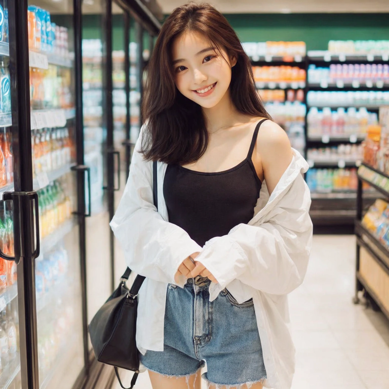 A young korean woman standing at supermarket. Pair a black tank top with an oversized white shirt as outerwear and denim shorts, Medium Chest Size, Pose as if you are choosing a drink, accessorized with a small shoulder bag. cheerful and relaxed atmosphere of the scene. dont look at camera, realistis photo