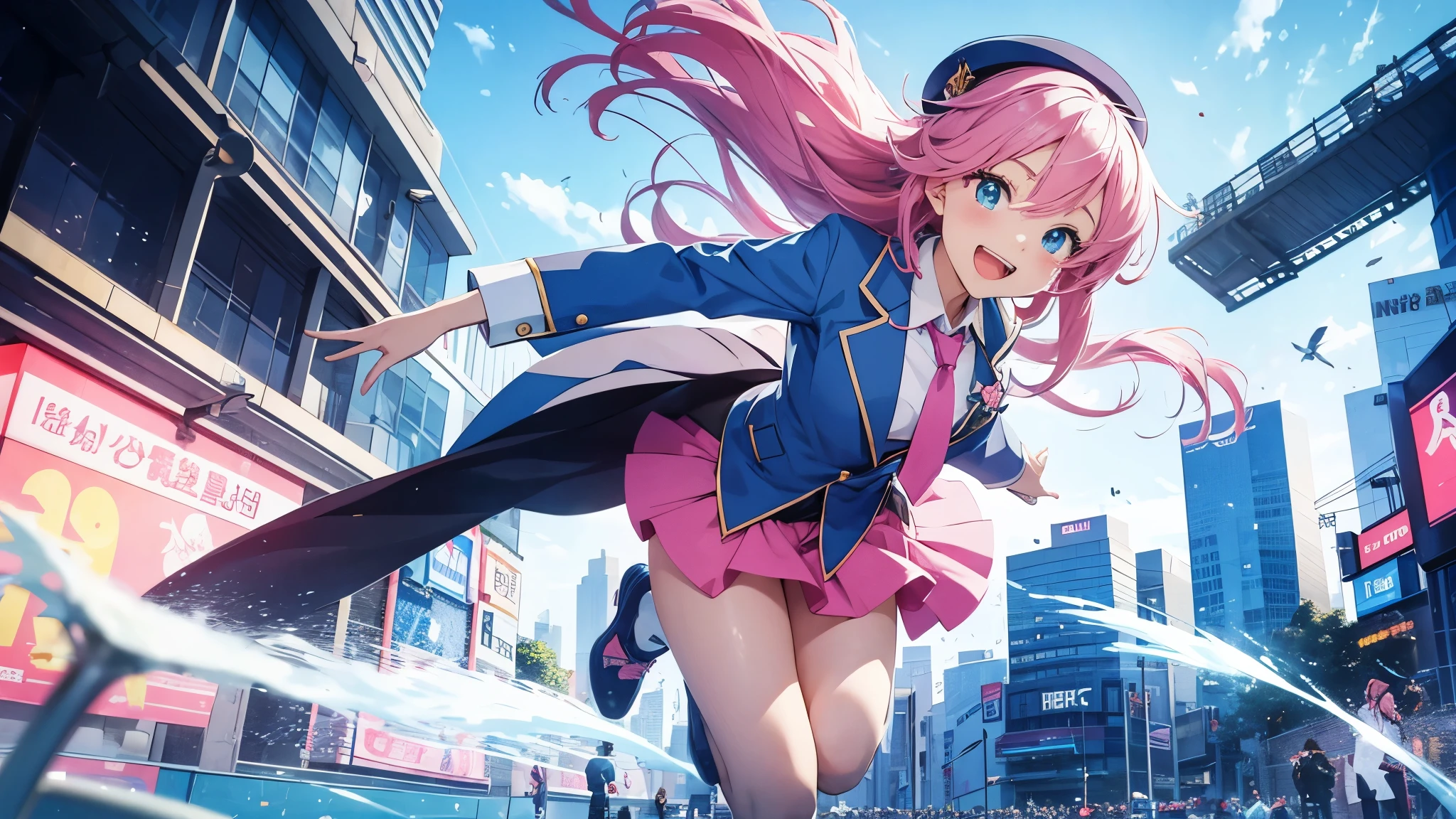 Anime style illustration with a vibrant city background similar to Shibuya. The main characters are a girl with long blue hair and blue eyes wearing a with a pink tie, and a boy with short blue hair wearing a white suit and hat. In this image, the girl is caught mid-jump, her hair and clothes flowing with the motion, and a big smile on her face, while the boy is standing next to her with a look of admiration. The background remains colorful with musical notes floating around